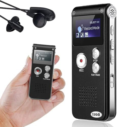 32GB Digital Voice Recorder, Voice Activated Recording and Playback Audio Dictaphone MP3 Player, Rechargeable LCD Sound Dictaphone Device
