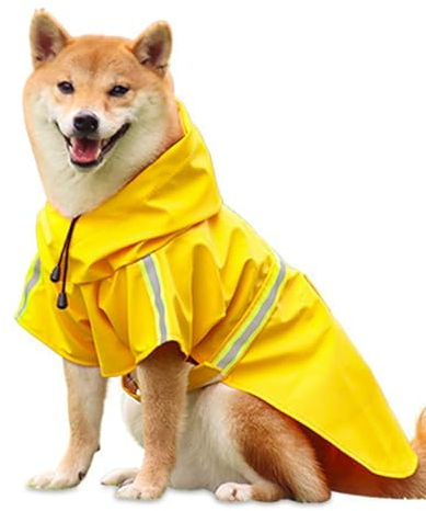 Hunderegenmantel Verstellbarer Leichter Hundemackintosh Hunderegenmantel Wasserdicht Mit Kapuze und Reflektierenden Streifen für kleine Mittlere und Große Hunde für Spaziergänge im Freien (Gelb, S)