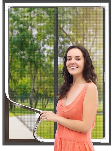Flintronic Adjustable DIY Magnetic Fly Screen Window, 1x1M Fibergalss Mesh Mosquito Netting, Fly Screen for Window with Full Frame Magnetic Strip, Easy Install Keep Bugs/Flys/Mosquitoes Out, Black