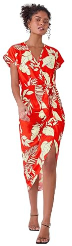Roman Originals Plain Wrap Tie Detail Dress for Women UK - Ladies Everyday Holiday Spring Summer V-Neckline Comfy Soft Evening Vacation Work Party - Orange Off-White - Size 14