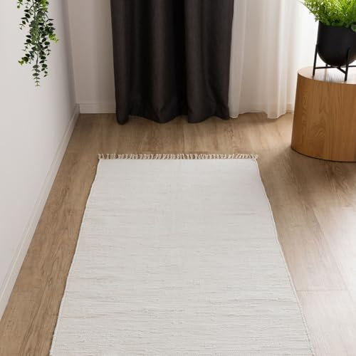 Interiyou Toledo Teppich aus Baumwolle - 80x300 cm Weiß - Handgewebter Teppich mit Fransen für Wohnzimmer, Schlafzimmer, Kinderzimmer, Esszimmer, Küche oder Flur