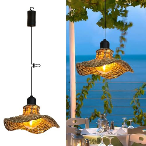 KOLTIME Battery Operated Boho Pendant Light Outdoor Bohemian Woven Rattan Chandelier with Button Control Waterproof Hanging Lighting Fixture for Garden Gazebo Pergola Patio Porch Farmhouse
