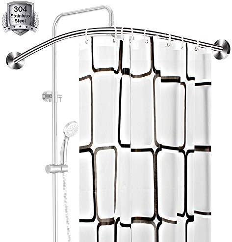 Bastone per tenda da doccia curvo a forma di U, senza fori, barra angolare per vasca da bagno, in acciaio inox, regolabile