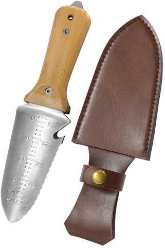 Minamino 12,7 cm Feste Klinge Mehrzweck-Hori Hori Gartenmesser mit Lederscheide und Schleifstein, bequemere Holzhand