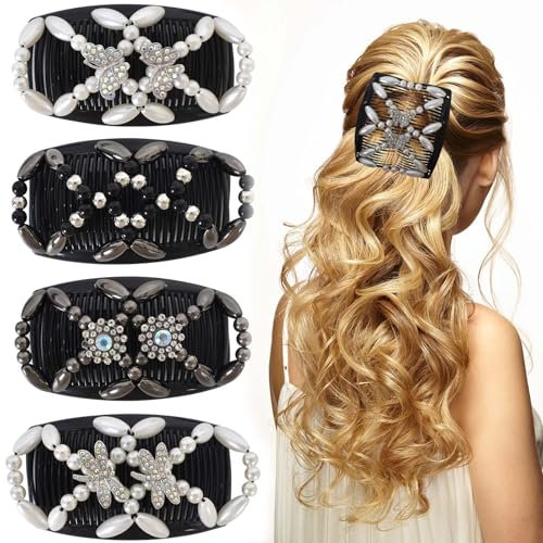 4 Pièces Peigne Magique Extensible, Pince Cheveux Magique Élastiques, Peigne à Cheveux Élastique avec Perles, Pinces à Cheveux Double Clip, Accessoires de Coiffure Élastiques pour Femmes et Filles