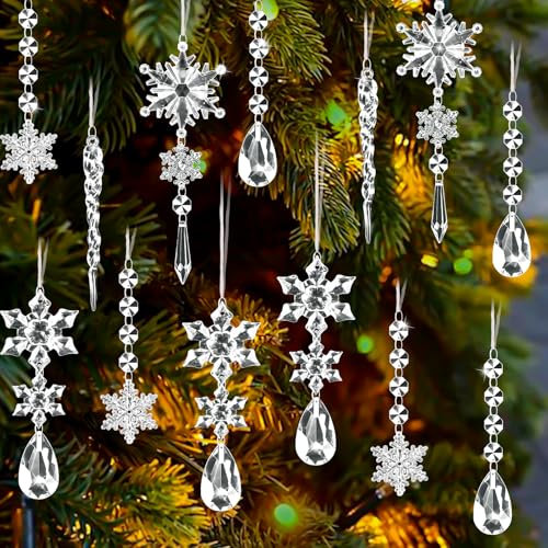 Bubuny 15 Piezas Decoración Navideña Adornos del Árbol de Navidad de Cristal, Transparente Colgante Acrílico de Copo de Nieve de Carámbanos para Navidad Invierno Exterior Interior Fiesta Decoración