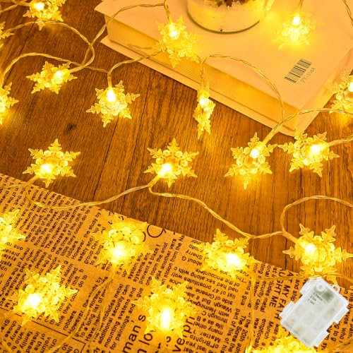 Isisyu Lichterkette Schneeflocken Außen, 6M 40 LED Lichterkette Außen Weihnachten Batterie mit Timer, Warmweiß 3 Modi Wasserdicht Lichterkette Batterie Outdoor für Weihnachtsdeko, Zimmer, Fenster