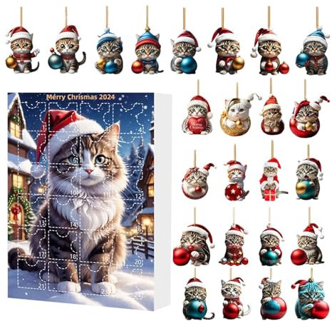 Katzen Adventskalender 2024, 24 Tage Weihnachten Sammlerstück Katze Set, Weihnachten Adventskalender mit Katzenanhänger für Weihnachtsdekoration