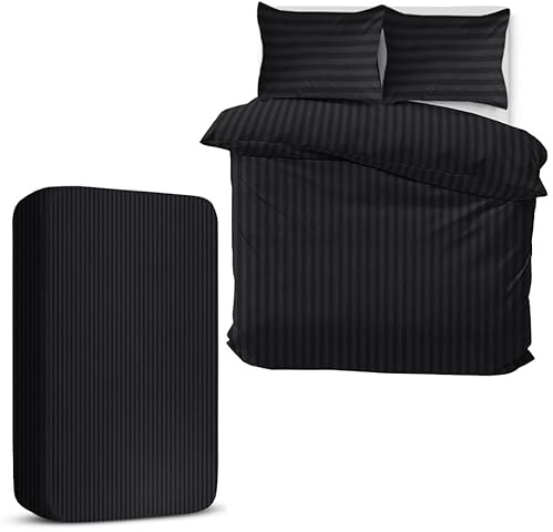 MOONLIGHT20015 Double Duvet Set 4 Piece Satin Stripe Duvet Cover Sets Soft Brushed Microfiber Bedding Sets with Fitted Sheet & 2 Pillow Cases (Black, 200x200 cm)