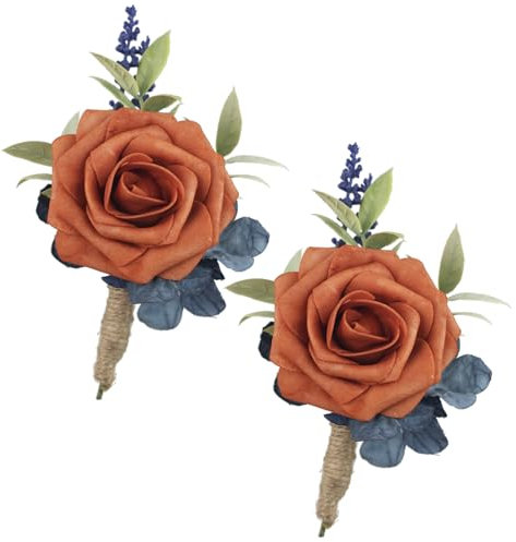 Rinlong 2 Stück marineblaue Terracotta-Ansteckblumen für Herren, Hochzeit, Bräutigam, künstliche Blume, Herbst, Boho, gebranntes Orange, Boutonniere, Trauzeugen, Boutineer, Abschlussball,