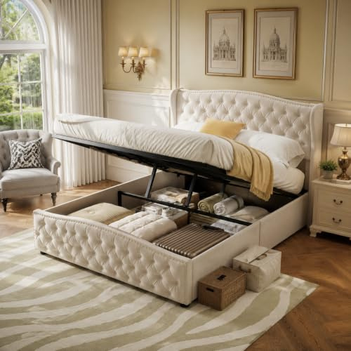 Polsterbett 140x200 mit Stauraum, Boxspringbett Doppelbett mit Bettkasten | Hydraulisch Bett mit Kopfteil, Jugendbett Stauraumbett Bettgestell mit Lattenrost, Samt, Ohne Matratze, Beige