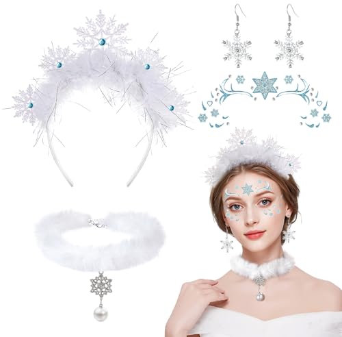 4 STK Schneeflocken Kostüm Damen, Schneeflocken Haarreif Schneeflocken Ohrringe Schneeflocken Tattoo Schneeflocke Kette, Schneeflocke Kostüm Zubehör Frozen Kostüm Weihnachts für Halloween Karneval