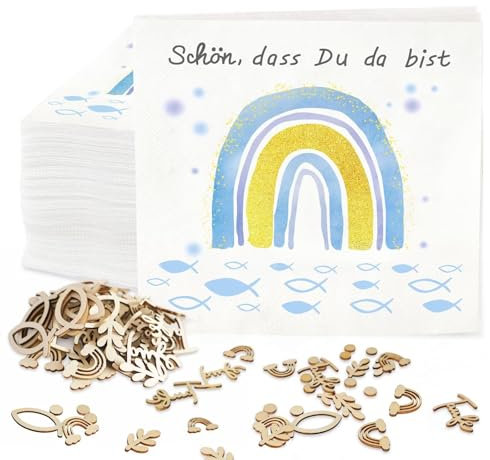 Servietten Konfirmation Regenbogen Fisch - 36 Stk Taufe Deko Junge + 60 Stk Holz Fische Tischdeko 'Schön, dass du da bist!' Kommunion Deko Set Erstkommunion Taufdeko, 33 x 33cm