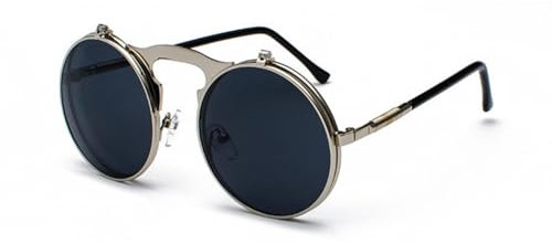 qinqilanqi-S Steampunk Flip Up Sonnenbrille - Runde Metall Brille für Motorrad/PC (UV400) (Silber/Grau)