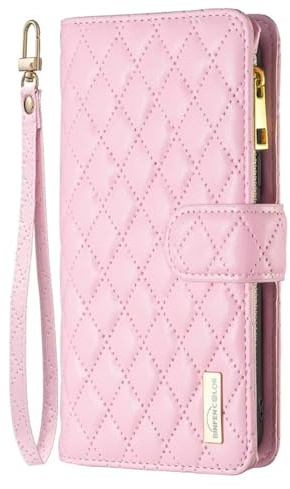 Veapero For iPhone 17e Zipper Case 6 Card Slots with Strap Wallet Handbag Phone Case Stand Zip Pocket Phone Cover ShockProof Stand Protective Folio Magnetic Shell Leather Folding Cover - Pink