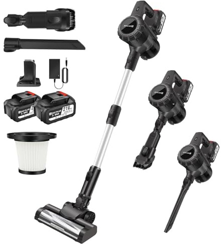 Aspiradora con batería con cepillo de suelo 15000 PA, inalámbrico, 6 en 1, aspiradora de mano con 2 baterías de 3000 mAh, filtro HEPA, LED, para suelos duros, alfombras de pelo de animales