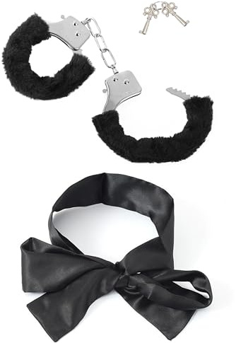 Metal Handcuffs with Keys for Cosplay Police, silver Handcuffs Prop Dress Ball Party Cosplay for Partner (black+Blindfold, L)