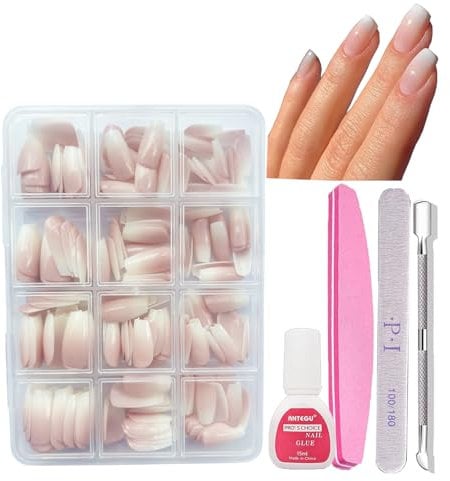 240Pcs Coffin Press on Nails Set, Durable False Nails Kit with Glue, 12 Sizes Natural Gradient Fake Nails Medium Long, Acrylic Full Cover Stick on Nail Art Manicure Decorations
