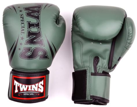 Twins Special FBGVDM3-TW6 Synthetic Leather Boxing Gloves, Hook & Loop Closure, For Muay Thai, Boxing, Kickboxing & MMA Training & Sparring (Olive Green, 10oz)