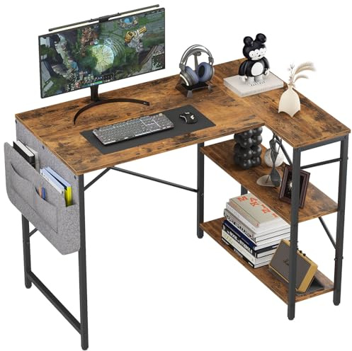 Huhote Computer Desk, L Shaped Desk with Storage Bag, Gaming Desks, Writing Desks with 2 Shelves, Office Work Tables, Laptop Table for Home Office Bedroom Studio, 100x70x75 cm, Brown