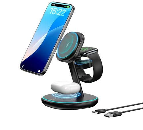 3 in 1 Mag-Safe Ladegerät, 15W Schnelles Wireless Charger, Induktive Kabelloses Ladestation für iPhone 16/15/14/13/12, Sport Watch, AirPods Pro/2/3-Schwarz