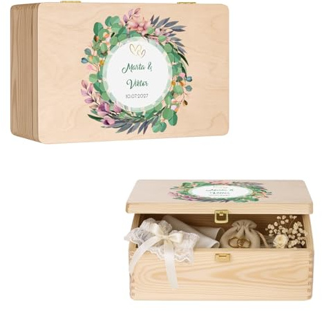 Maverton Erinnerungsbox mit Farbdruck - Aufbewahrungsbox mit Deckel - personalisierte Geschenke für Paar zur Hochzeit - Hochzeitsgeschenke - aus Kiefernholz