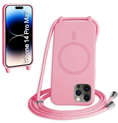 FMPCUON Magnetisch Handykette für iPhone 14 Pro Max Hülle,Necklace Hülle mit Bands Handyhülle für zum Umhängen Kordel,kompatibel mit Magsafe Silikon Case mit Handykordel,Pink