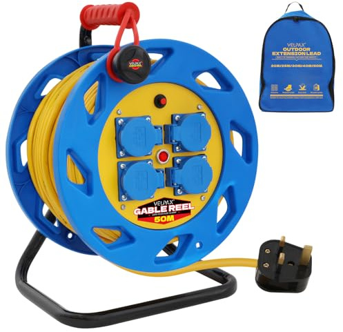 50m Outdoor Extension Lead,4 Socket Heavy Duty Extension Reel,Thermal Cut-Out,13A Fused UK Plug,Ideal for Garden,Lawn Mower,Office Use