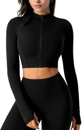 Yvette Crop Jacke Damen Leicht Sportjacke mit Reißverschluss Laufjacke mit Daumenloch Gym Tops für Yoga Training,schwarz,M