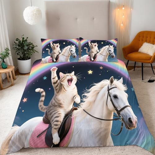 Katze Bettwäsche-Set 3D Doppelbett 150x200 cm, Pferd Motiv Beidseitig Bedruckt, mit 2 Kissenbezügen 80x80 cm, Aus Weicher Microfiber mit Reißverschluss