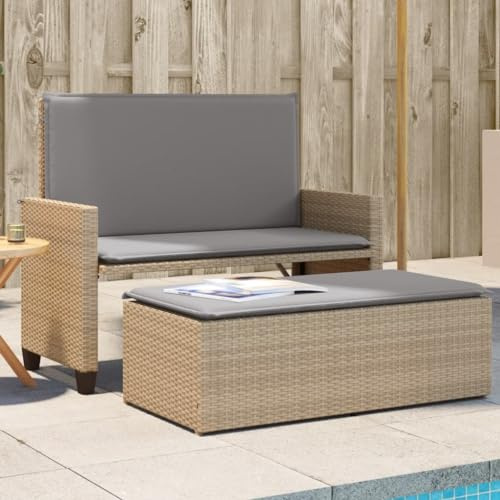 zylophax Gartenbank mit Kissen und Hocker, Beige Poly Rattan, 2-Sitzer Schlafsofa, UV-beständig, 122x55x97 cm, für Garten, Balkon, Terrasse