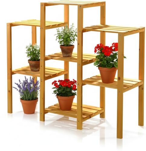 Mucola Blumenampel Blumenständer Blumentreppe Natur aus Holz – Pflanzenständer Blumenregal mehrstöckig | Dekoratives Pflanzenregal für Balkon Terrasse Garten Wohnzimmer, Pflanztreppe Blumenleiter