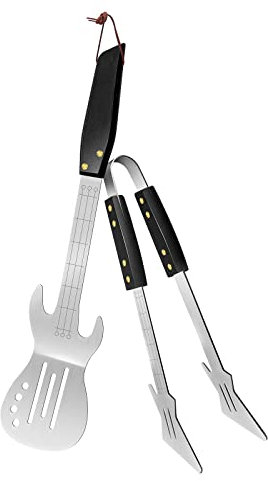 LONUO Pepki Rock Guitar Style Heavy Duty Stainless Steel 2-Piece Barbecue Tool Set - Spatula & Tongs with Wooden Handle
