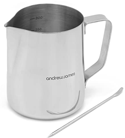 Andrew James 350-600ml Stainless Steel Milk Jug for Frothing Milk | Barista Style Metal Jug for Coffee Machine | Steady Pour Lip and Measuring Scale | Included Milk Art Pen (350ml)
