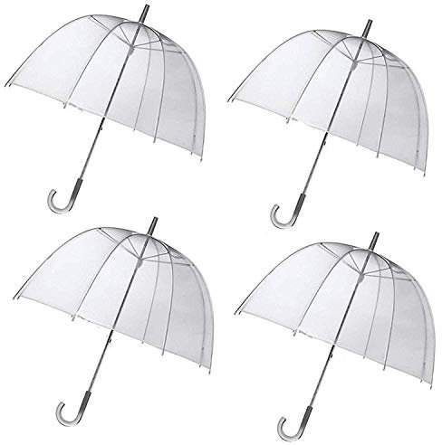 Unibos 4 x Set Rain Umbrellas Dome Birdcage Transparent PVC Wedding Brolly Clear White Handle And Spike Brolly Walking Ladies Mens Unisex Party Parasol Rain Bridesmaid Bridal