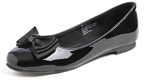 Feversole Women's Round Toe Cute Bow Trim Ballet Flats Dolly Shoes Black Patent Bow 3.5 UK