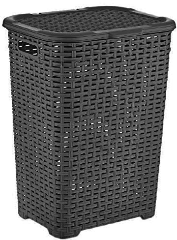 Muddy Hands 60 Litre Plastic Laundry Basket with Lid Large Rattan Washing Clothes Storage Hamper Bin (Black)