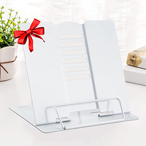 MSDADA Leseständer Buchstützen aus Metall (22 x 21,08 x 16 cm) 6 Stufen Verstellbar, Rutschfest, Buchständer für Schule, Küche und Büro, Buchhalter für Kinder(Weiß)