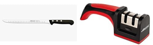 Arcos Serie Universal, Cuchillo Jamonero, Hoja de Acero Inoxidable Nitrum 240 mm + Afiladores, Afilador de Cuchillos de Mano, Hecho de ABS + TPE