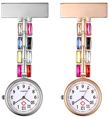 Avaner 2Pcs Krankenschwesteruhr Kristall Pflegeruhr Analog Quarzwerk FOB pulsuhr Ansteckuhr emaille Handwerkskunst golden schwesternuhren mit Pin/Clip Set Arzt Doktor Medical Taschenuhr