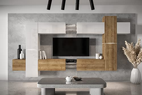 Furnitech Wohnwand Wohnzimmer - Wohnzimmer Möbel mit LED RGB - 16 Farben - Hängend Wohnwand Modern - Wohnzimmer Schrankwand mit Regale und TV Schrank (AN91NEW-21WDZ-HGM22)