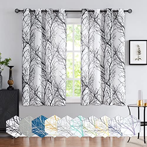 FMFUNCTEX Schwarz Voile Vorhänge Transparente Leinen Gardinen mit Ösen für Wohnzimmer Zweige Muster Halbtransparente Modern Ösenschal Dekoschal für Schlafzimmer 2er Set, 175 x 127 cm (H x B)