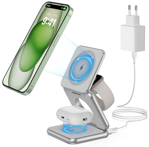 KU XIU X40 3-In-1 Wireless Charger for Apple Devices, Portable Travel Foldable Wireless Charging Station for iPhone 16/15/14/13/12 Series, Apple Watch 10/Ultra/9/8, AirPods 4/3/Pro/Pro 2 - Silver