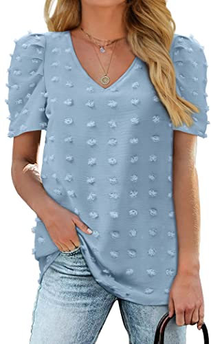 Aokosor Ladies Tops for Womens T Shirts Summer V Neck Puff Sleeve Blouses Swiss Dot Tops Size 22-24 Light Blue