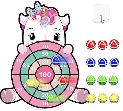 Einhorn Geschenke für Mädchen 3–9,Groß Einhorn Spielzeug Kinder Klett Dartscheibe mit 12 Klebrigen Bällen Hängendes Dart Wurfspiel Sets Geschenk Mädchen 4-9 Jahre Geburtstagsgeschenk für Kinder 4–11