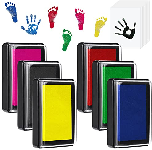 6 Stücke Baby Stempelkissen, Farbenset Baby Hand Fußabdruck Set, Baby Fuß-oder Hand-Abdruckset Set with 18 sheets of paper, Sichere Wiederverwendbaret, Leicht Abzuwaschen (6 Farben)
