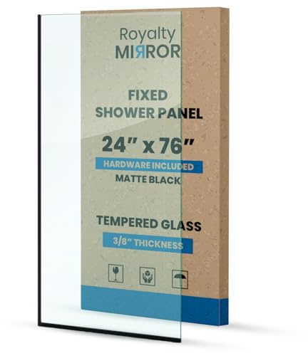 Royalty Fixed Shower Screen - 24 x 76 Frameless 3/8 Clear Tempered Glass Panel with Hardware - Easy Clean Smart Guard Coating - Minimalist Modern Design for Bathroom - Matte Black