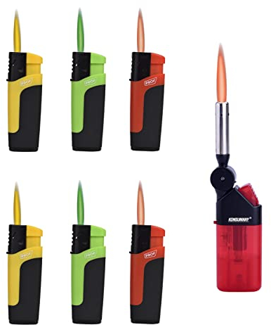 Sturmfeuerzeug Turbo Jetflame Gas Feuerzeug Color Flames, 6 Stück + 1x (Konsumany® Stab- Sturmfeuerzeug 12,5 cm Lang)