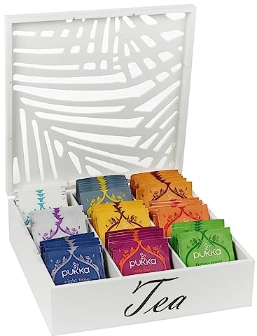 URBNLIVING Wooden Storage Tea Box 9 Compartments Hinged Lid Spice Coffee Holder Caddy (White)