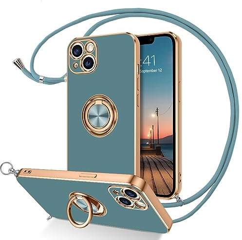 DUEDUE Coque pour iPhone 13 Cordon avec Anneau Rotatif, Protection Caméra Souple Fine Doublure Microfibre, Coque avec Bague et Corde Bandoulière Réglable Lanière pour iPhone 13 6,1'', Gris Vert